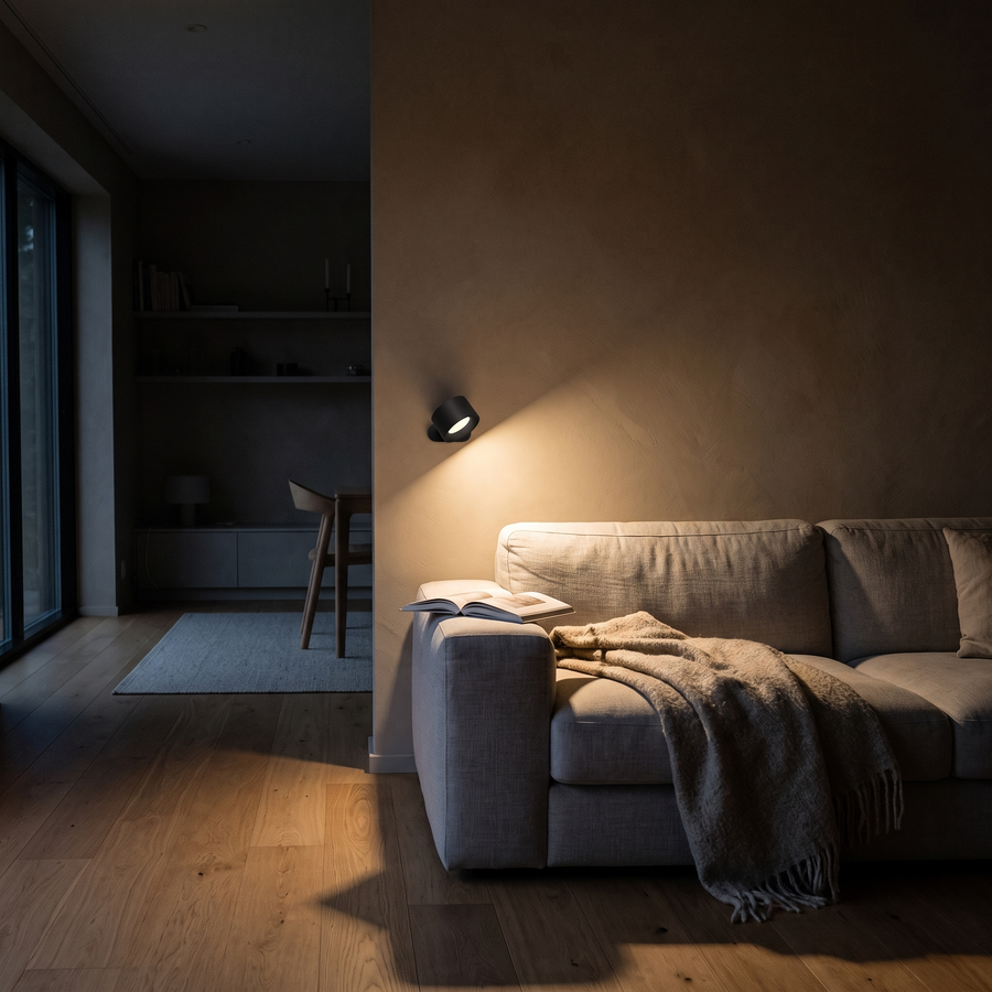 Wall lamp lighting a sofa corner in the evening, the only light on in the room