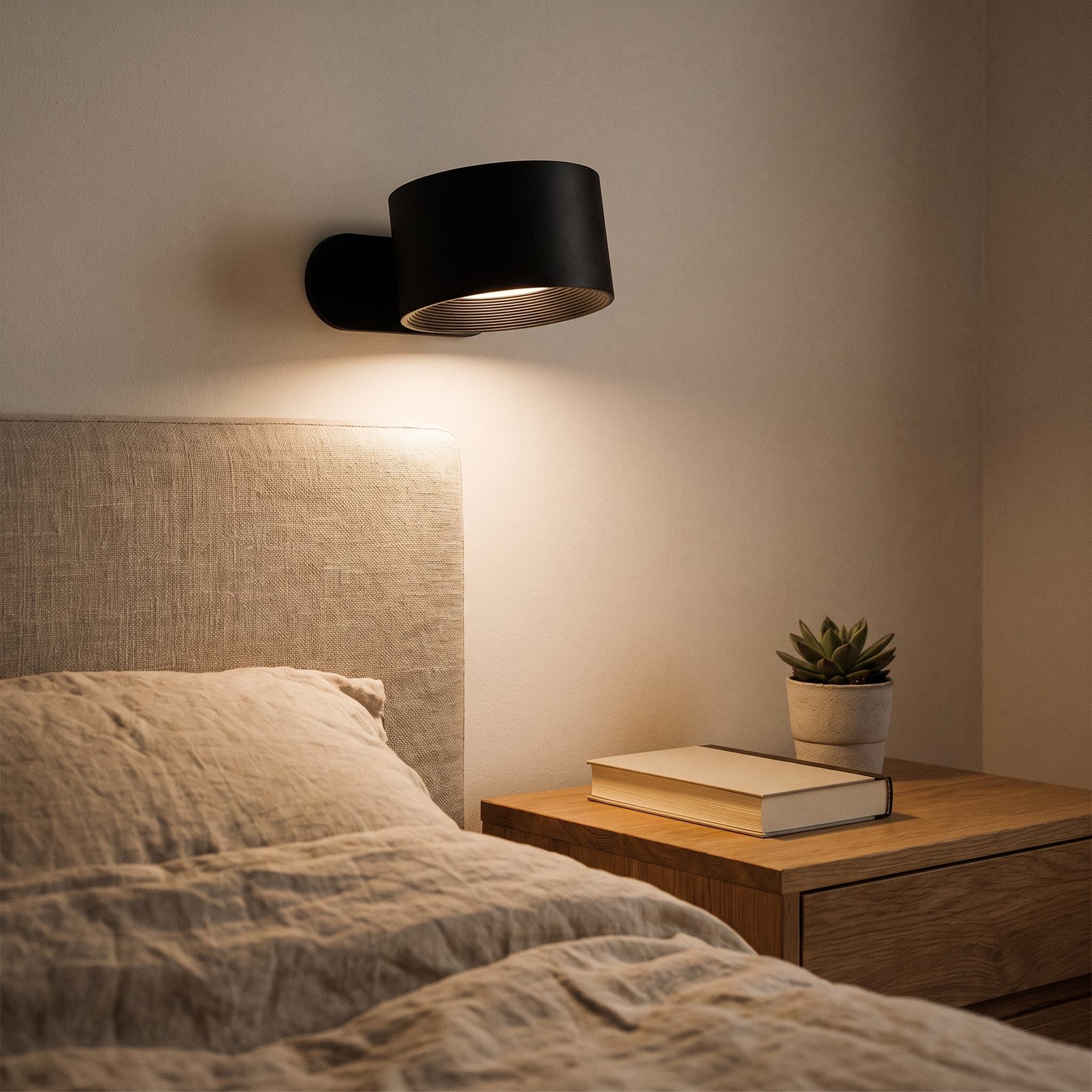 Wall lamp above a linen headboard, warm reading light in a bedroom at night