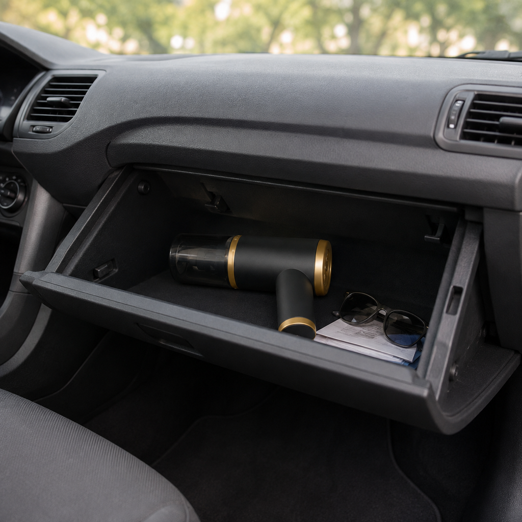 Der Handstaubsauger passt ins Handschuhfach neben Brille und Fahrzeugpapieren
