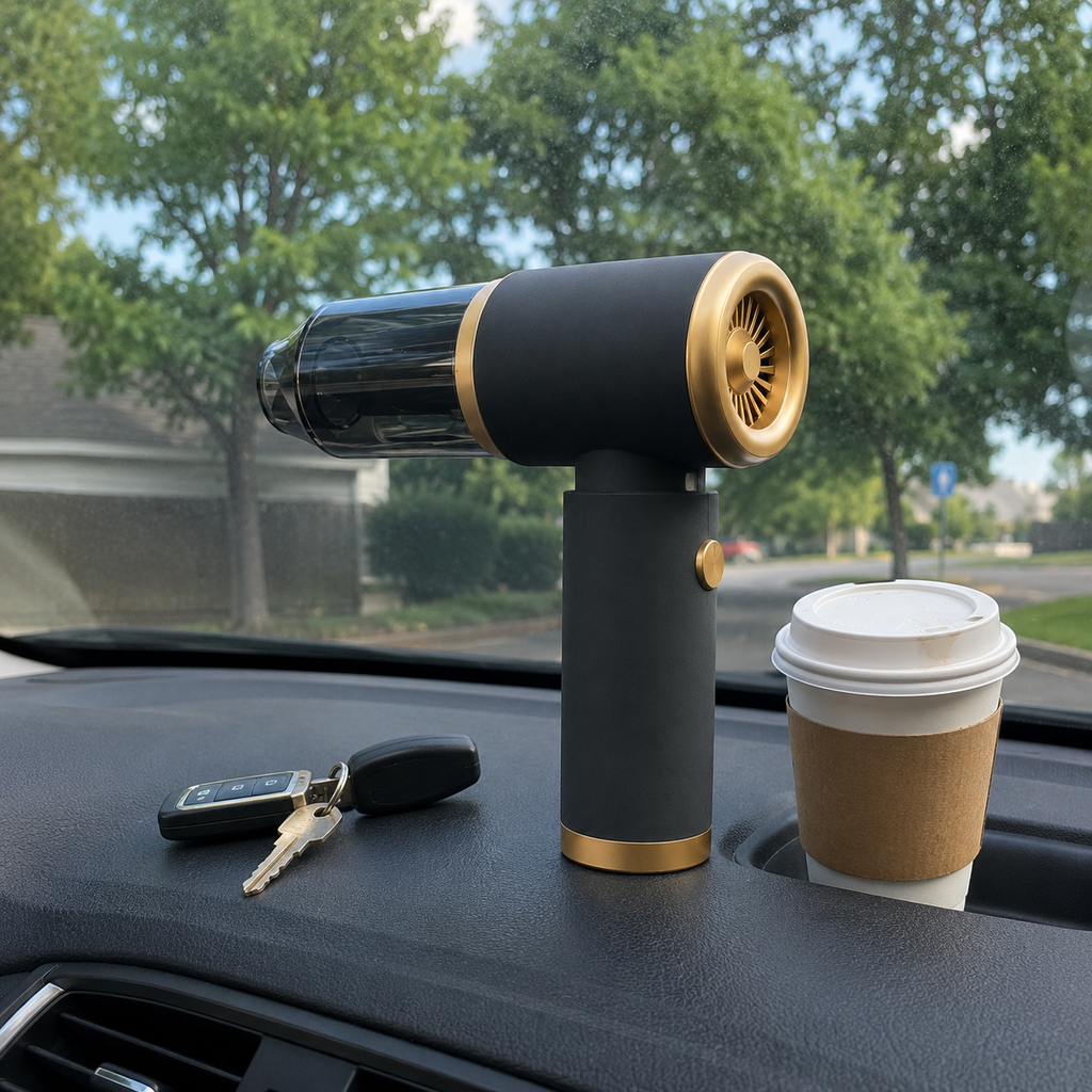 Der Handstaubsauger steht auf dem Armaturenbrett neben Autoschlüssel und Kaffeebecher