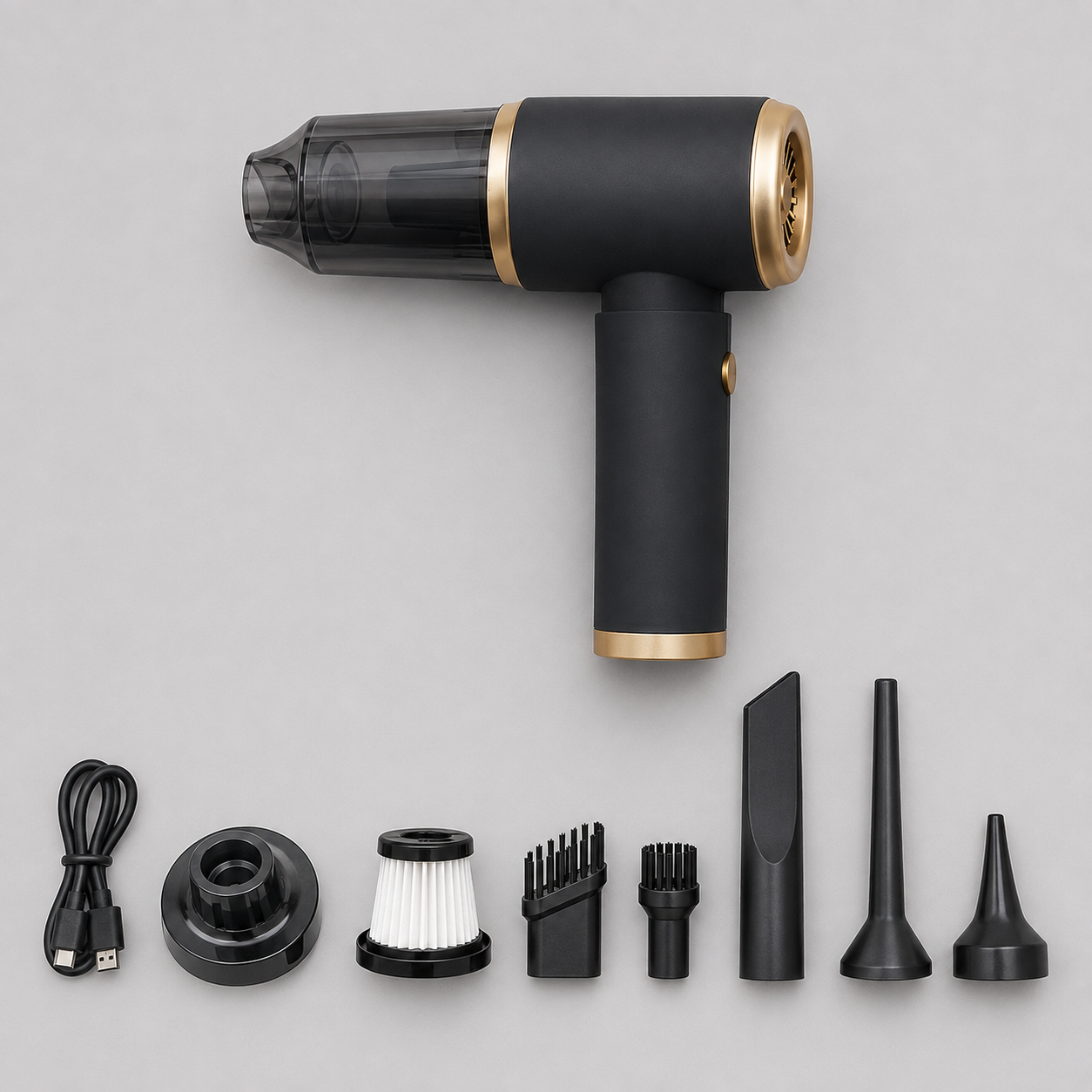 Lieferumfang: Handstaubsauger mit USB-C-Kabel, Adapter, waschbarem Filter, zwei Bürsten und drei Aufsätzen