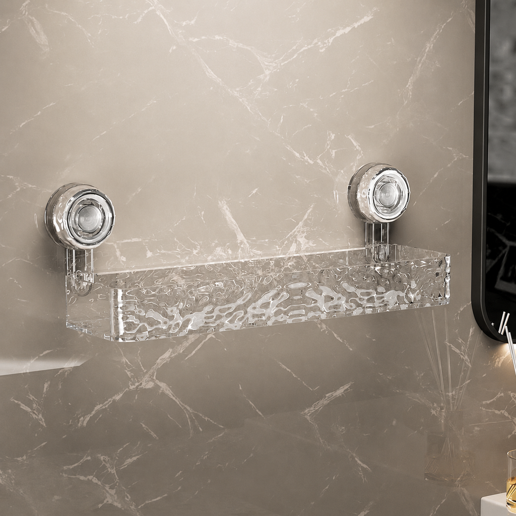 Estante de ducha de acrílico transparente sujeto a la pared del baño con dos ventosas cromadas