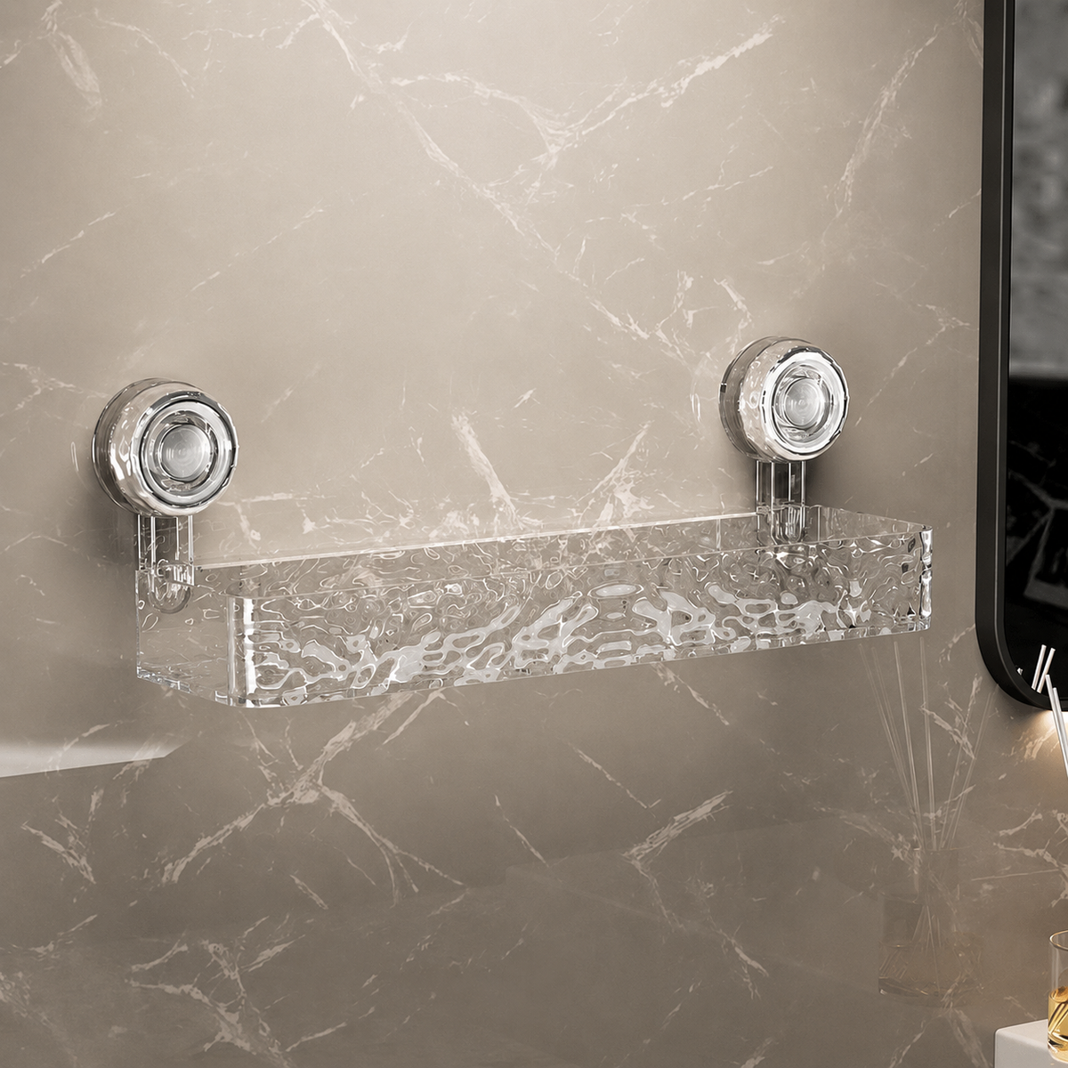 Estante de ducha de acrílico transparente sujeto a la pared del baño con dos ventosas cromadas