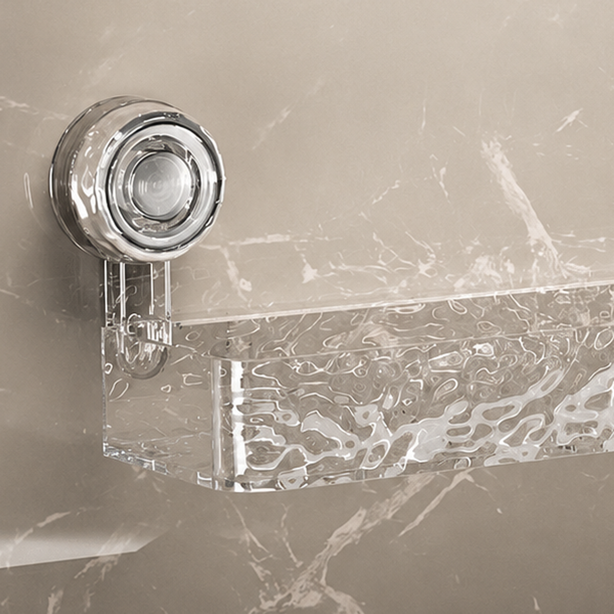 Primer plano de una ventosa cromada y del soporte sobre el que se apoya la bandeja de acrílico con textura de agua