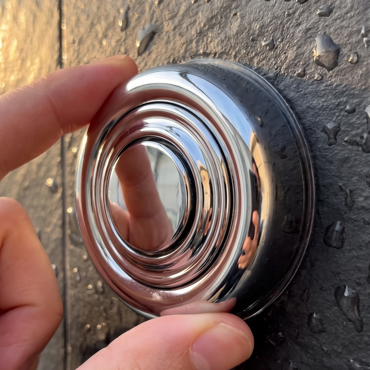 Primer plano de una mano girando el aro de la ventosa cromada contra el azulejo mojado de la ducha
